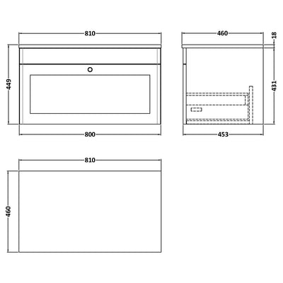 Classique 800mm Wall Hung Vanity Unit With 1 Drawer With Carrera Marble Worktop - Satin Grey