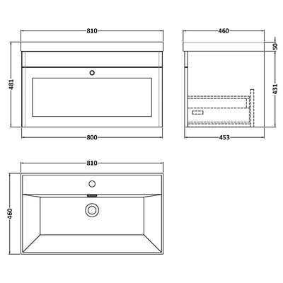 Classique 800mm Wall Hung Vanity Unit With 1 Drawer With Thin Edge Ceramic Basin - Satin Grey