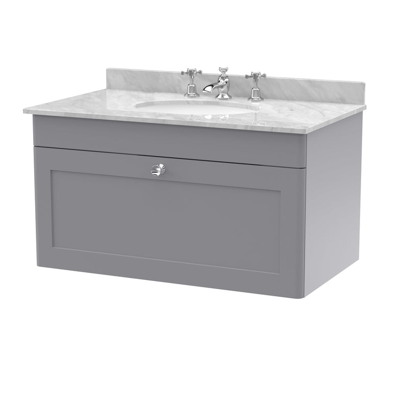 Classique 800mm Wall Hung Vanity Unit With 1 Drawer With Grey Marble Worktop With Round Basin - Satin Grey