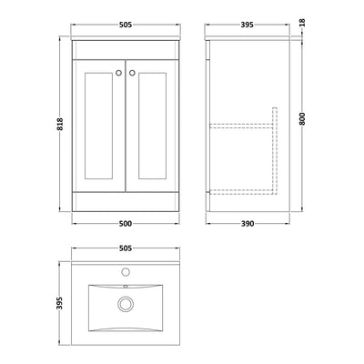 Classique 500mm Floor Standing Vanity Unit With 2 Doors With Minimalist Ceramic Basin - Satin Green