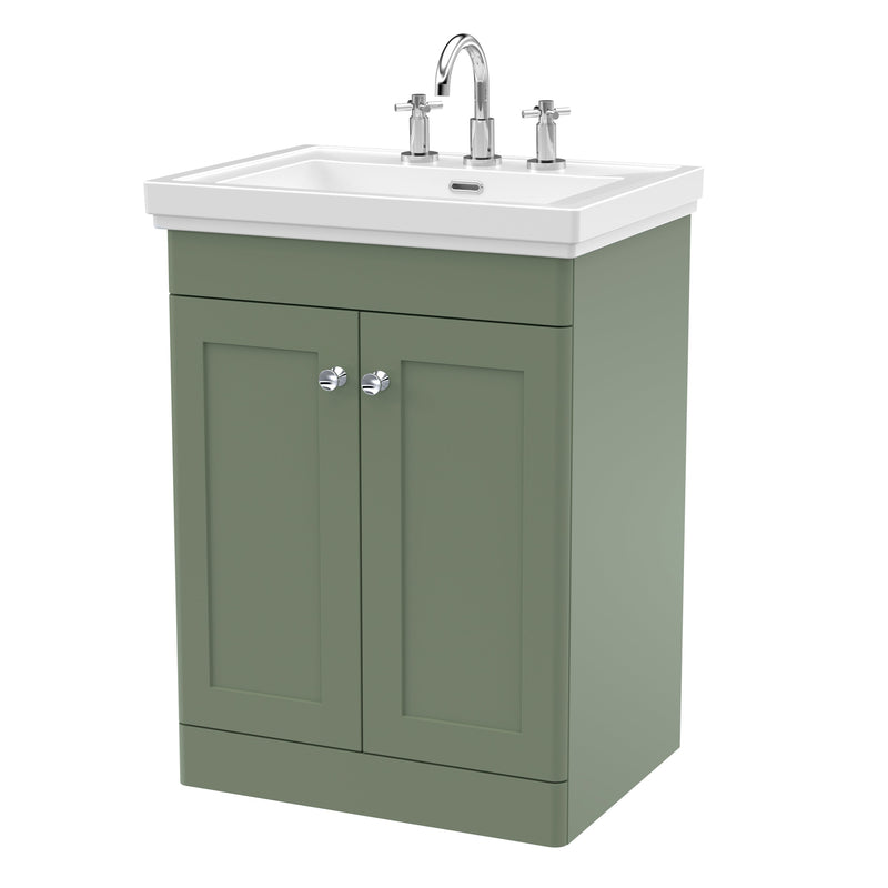 Classique 600mm Floor Standing Vanity Unit With 2 Doors With Fireclay Basin - Satin Green