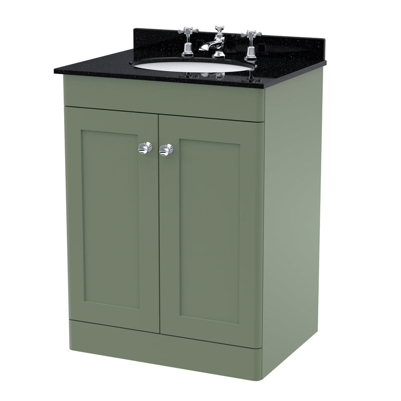 Classique 600mm Floor Standing Vanity Unit With 2 Doors With Black Marble Worktop With Round Basin - Satin Green