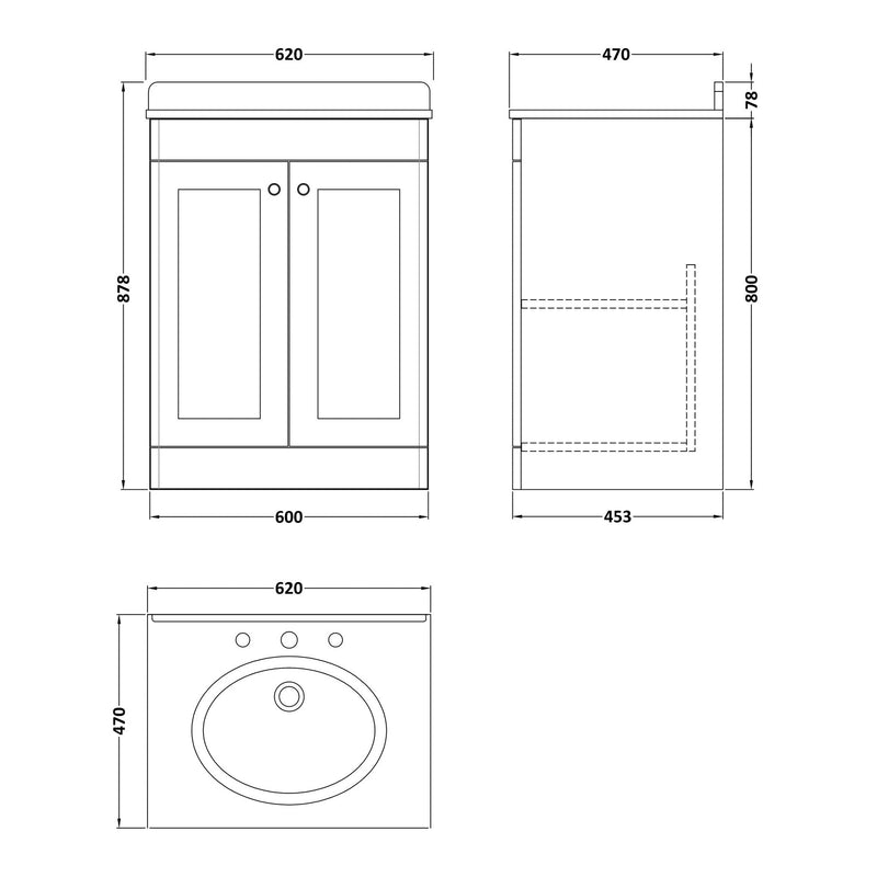 Classique 600mm Floor Standing Vanity Unit With 2 Doors With Black Marble Worktop With Round Basin - Satin Green