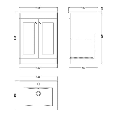 Classique 600mm Floor Standing Vanity Unit With 2 Doors With Minimalist Ceramic Basin - Satin Green