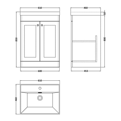 Classique 600mm Floor Standing Vanity Unit With 2 Doors With Thin Edge Ceramic Basin - Satin Green