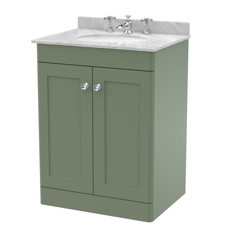 Classique 600mm Floor Standing Vanity Unit With 2 Doors With Grey Marble Worktop With Round Basin - Satin Green