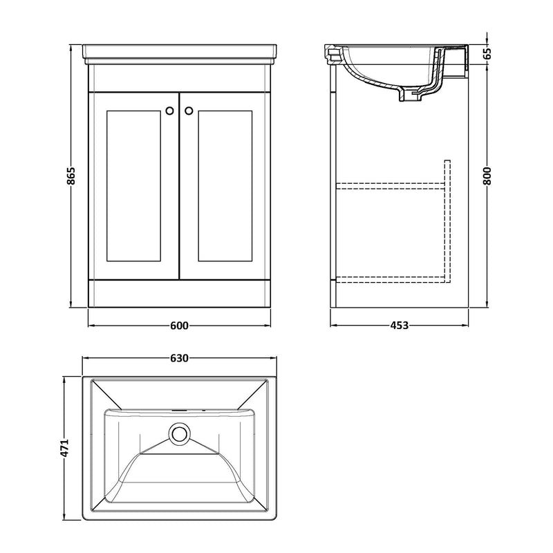 Classique 600mm Floor Standing Vanity Unit With 2 Doors With Fireclay Basin - Satin Green