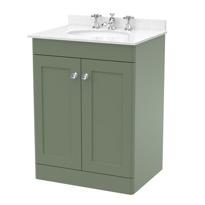 Classique 600mm Floor Standing Vanity Unit With 2 Doors With White Marble Worktop With Round Basin - Satin Green