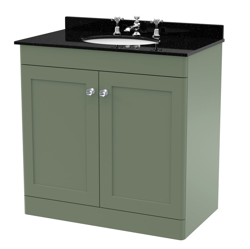 Classique 800mm Floor Standing Vanity Unit With 2 Doors With Black Marble Worktop With Round Basin - Satin Green