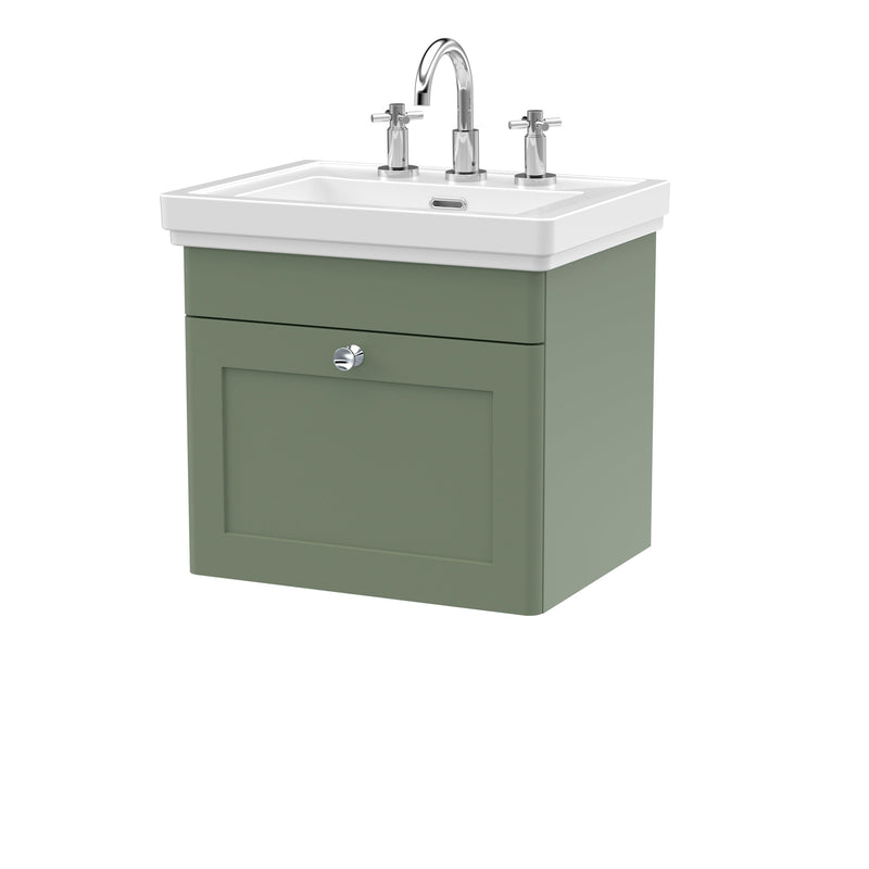 Classique 500mm Wall Hung Vanity Unit With 1 Drawer With Fireclay Basin - Satin Green