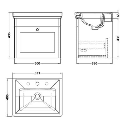 Classique 500mm Wall Hung Vanity Unit With 1 Drawer With Fireclay Basin - Satin Green