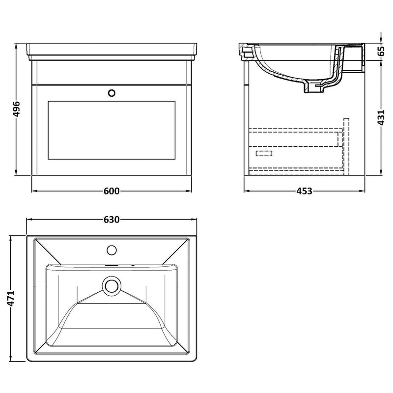 Classique 600mm Wall Hung Vanity Unit With 1 Drawer With Fireclay Basin - Satin Green