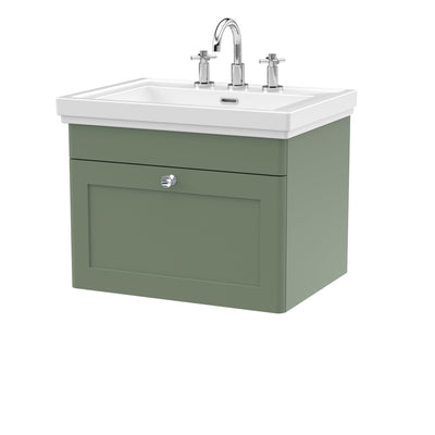 Classique 600mm Wall Hung Vanity Unit With 1 Drawer With Fireclay Basin - Satin Green