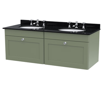 Classique 1200mm Wall Hung Vanity Unit With 2 Drawers With Black Marble Worktop With 2 Round Basins - Satin Green