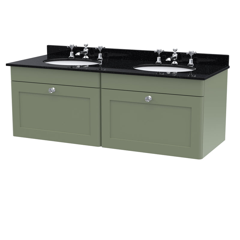 Classique 1200mm Wall Hung Vanity Unit With 2 Drawers With Black Marble Worktop With 2 Round Basins - Satin Green