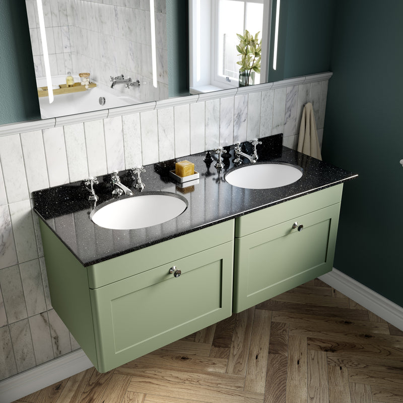 Classique 1200mm Wall Hung Vanity Unit With 2 Drawers With Black Marble Worktop With 2 Round Basins - Satin Green