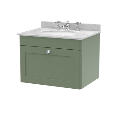 Classique 600mm Wall Hung Vanity Unit With 1 Drawer With Grey Marble Worktop With Round Basin - Satin Green