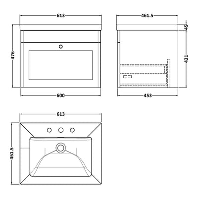 Classique 600mm Wall Hung Vanity Unit With 1 Drawer With Contemporary Basin - Satin Green