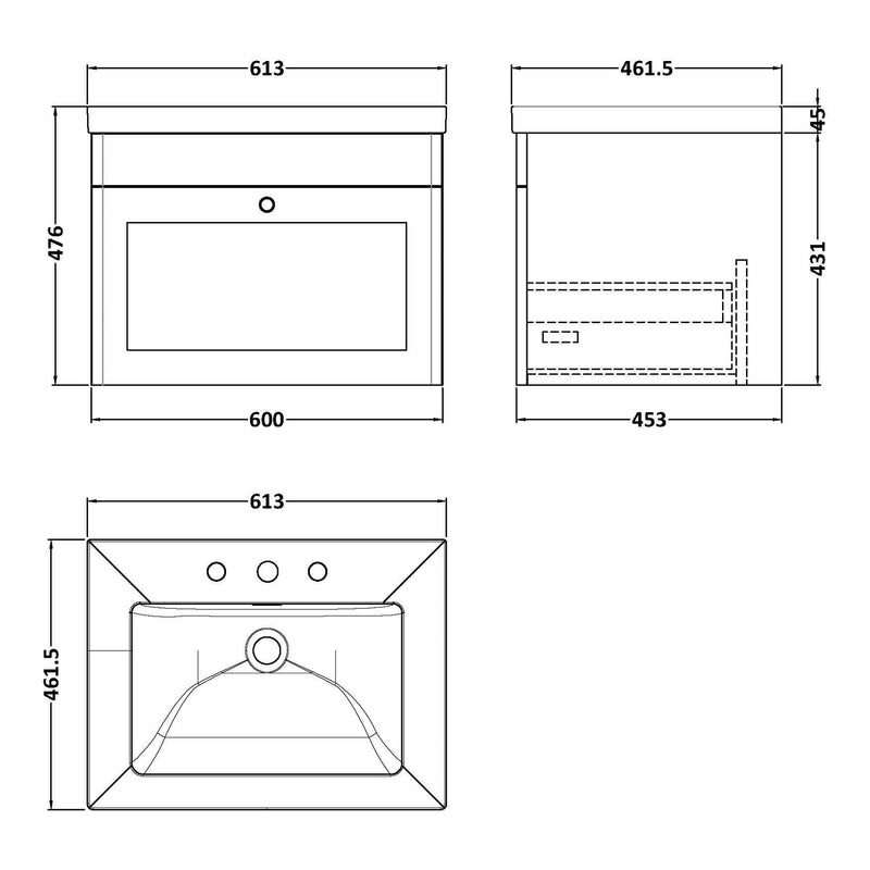 Classique 600mm Wall Hung Vanity Unit With 1 Drawer With Contemporary Basin - Satin Green