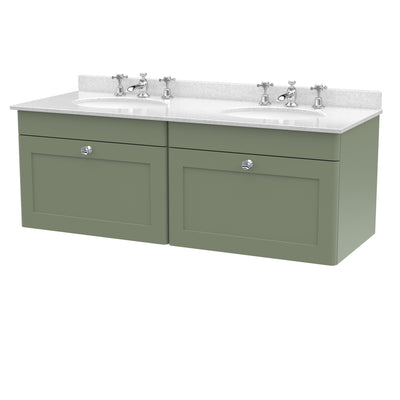 Classique 1200mm Wall Hung Vanity Unit With 2 Drawers With White Marble Worktop With 2 Round Basins - Satin Green