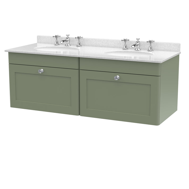 Classique 1200mm Wall Hung Vanity Unit With 2 Drawers With White Marble Worktop With 2 Round Basins - Satin Green