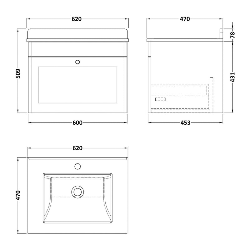 Classique 600mm Wall Hung Vanity Unit With 1 Drawer With White Marble Worktop With Square Basin - Satin Green