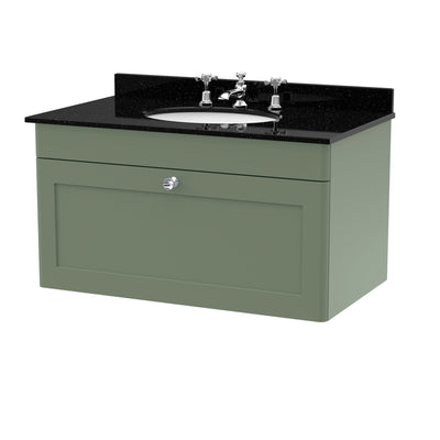 Classique 800mm Wall Hung Vanity Unit With 1 Drawer With Black Marble Worktop With Round Basin - Satin Green