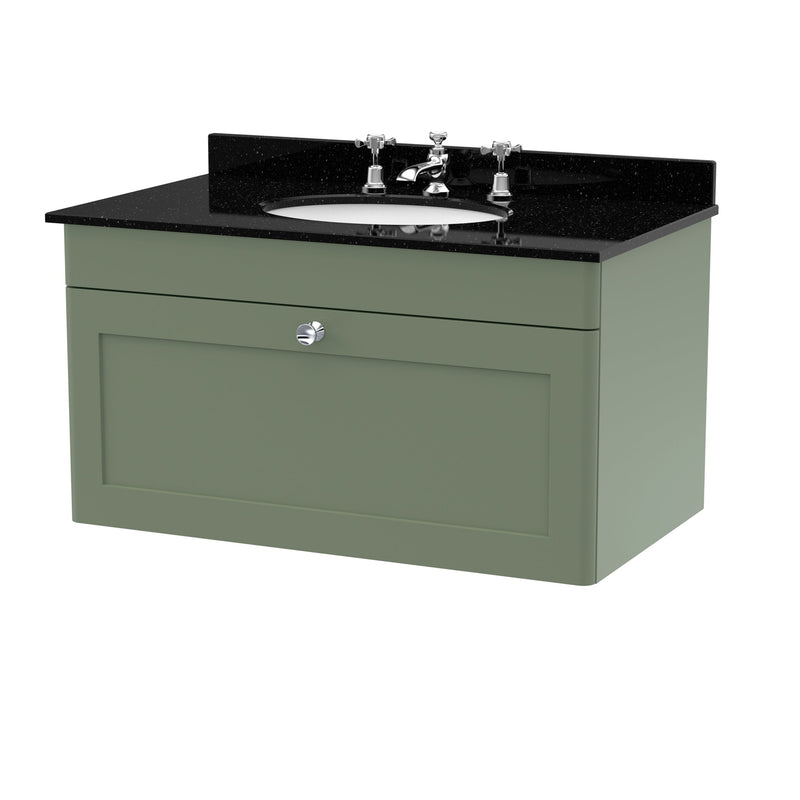 Classique 800mm Wall Hung Vanity Unit With 1 Drawer With Black Marble Worktop With Round Basin - Satin Green
