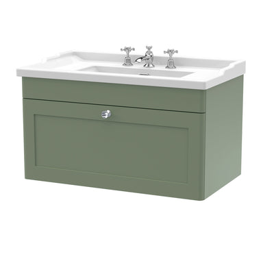 Classique 800mm Wall Hung Vanity Unit With 1 Drawer With Traditional Basin - Satin Green