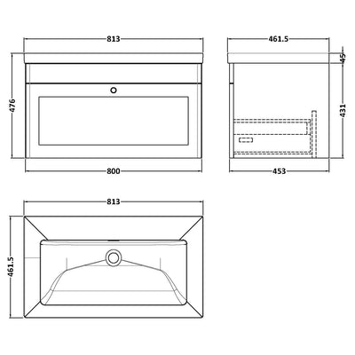 Classique 800mm Wall Hung Vanity Unit With 1 Drawer With Contemporary Basin - Satin Green