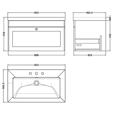 Classique 800mm Wall Hung Vanity Unit With 1 Drawer With Contemporary Basin - Satin Green