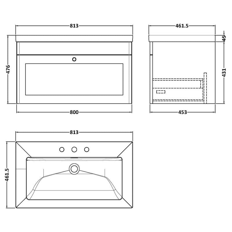 Classique 800mm Wall Hung Vanity Unit With 1 Drawer With Contemporary Basin - Satin Green