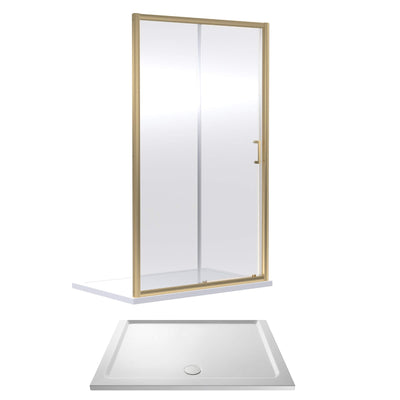Porto Brushed Brass 6mm Sliding Shower Door With White Stone Resin Tray & Waste - 1700 x 800mm