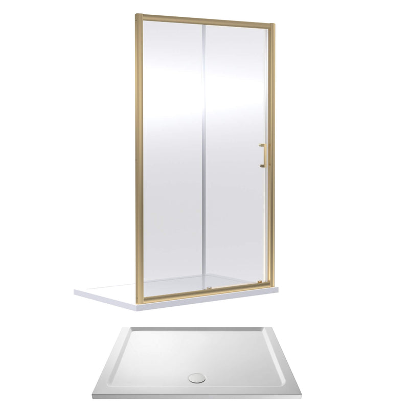 Porto Brushed Brass 6mm Sliding Shower Door With White Stone Resin Tray & Waste - 1600 x 760mm