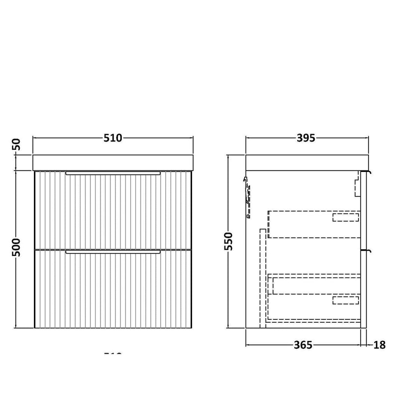 Hudson Reed Fluted Wall Hung 500mm Vanity Unit With 2 Drawers & Ceramic Basin