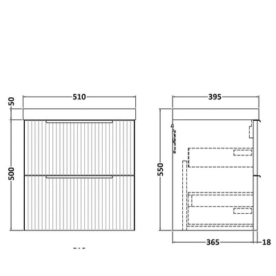 Hudson Reed Fluted Wall Hung 500mm Vanity Unit With 2 Drawers & Ceramic Basin