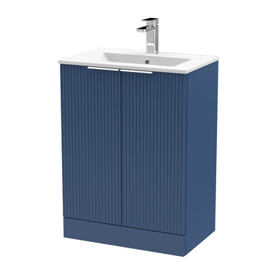 Hudson Reed Fluted Floor Standing 600mm Vanity Unit & Minimalist Ceramic Basin - Satin Blue