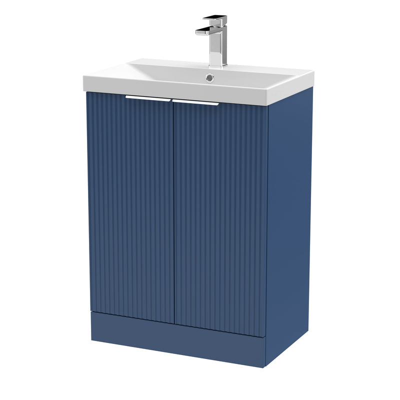 Hudson Reed Fluted Floor Standing 600mm Vanity Unit & Thin Edge Ceramic Basin - Satin Blue