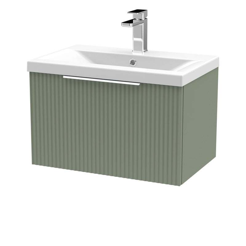 Hudson Reed Fluted Wall Hung 600mm Vanity Unit With 1 Drawer & Ceramic Basin - Satin Green