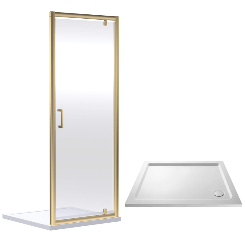 Porto Brushed Brass 6mm Pivot Shower Door With White Stone Resin Tray & Waste