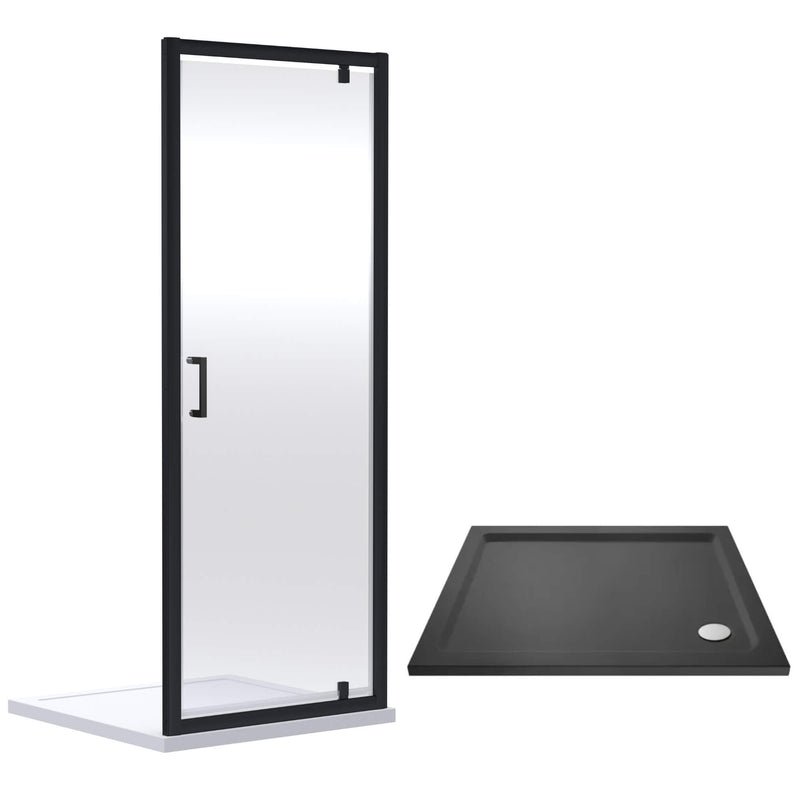 Porto Matt Black 6mm Pivot Shower Door With Slate Effect Stone Resin Tray & Waste