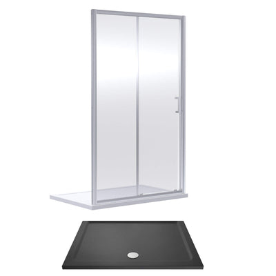 Porto Chrome 6mm Sliding Shower Door With Slate Effect Stone Resin Tray & Waste - 1400 x 760mm