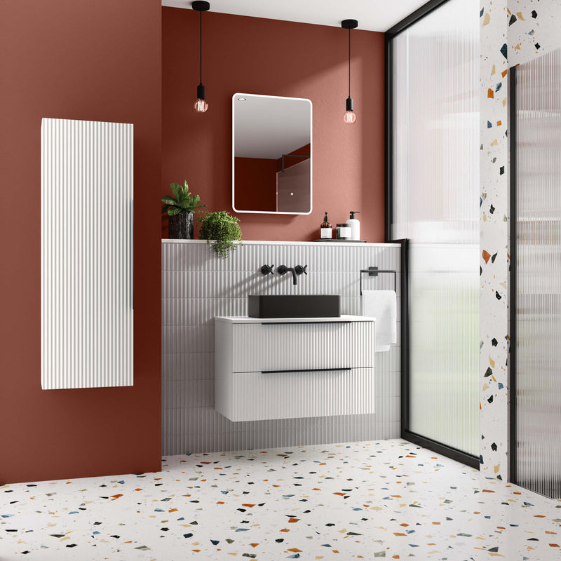 Hudson Reed Fluted Wall Hung 600mm Vanity Unit With 2 Drawers & Ceramic Basin - Satin White