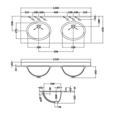 Classique 1200mm Wall Hung Vanity Unit With 2 Drawers With Black Marble Worktop With 2 Round Basins - Soft Black