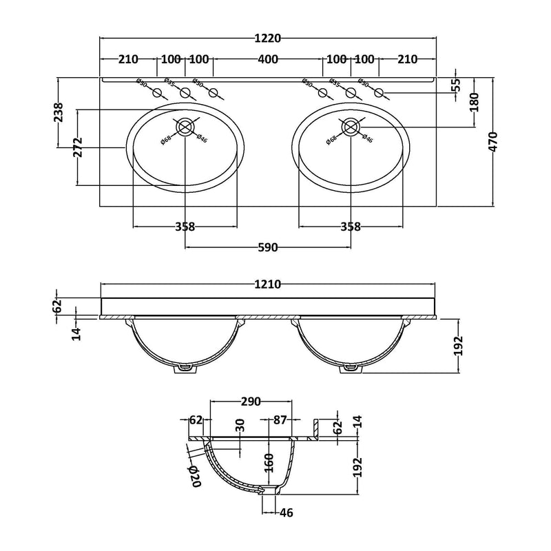 Classique 1200mm Wall Hung Vanity Unit With 2 Drawers With Black Marble Worktop With 2 Round Basins - Soft Black