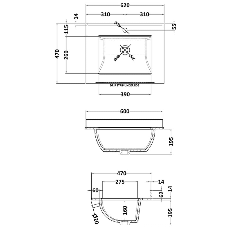Classique 600mm Floor Standing Vanity Unit With 2 Doors With White Marble Worktop With Square Basin - Soft Black
