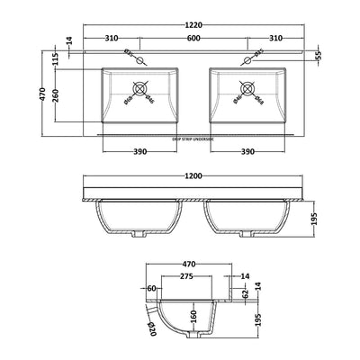 Classique 1200mm Wall Hung Vanity Unit With 2 Drawers With White Marble Worktop With 2 Square Basins - Soft Black