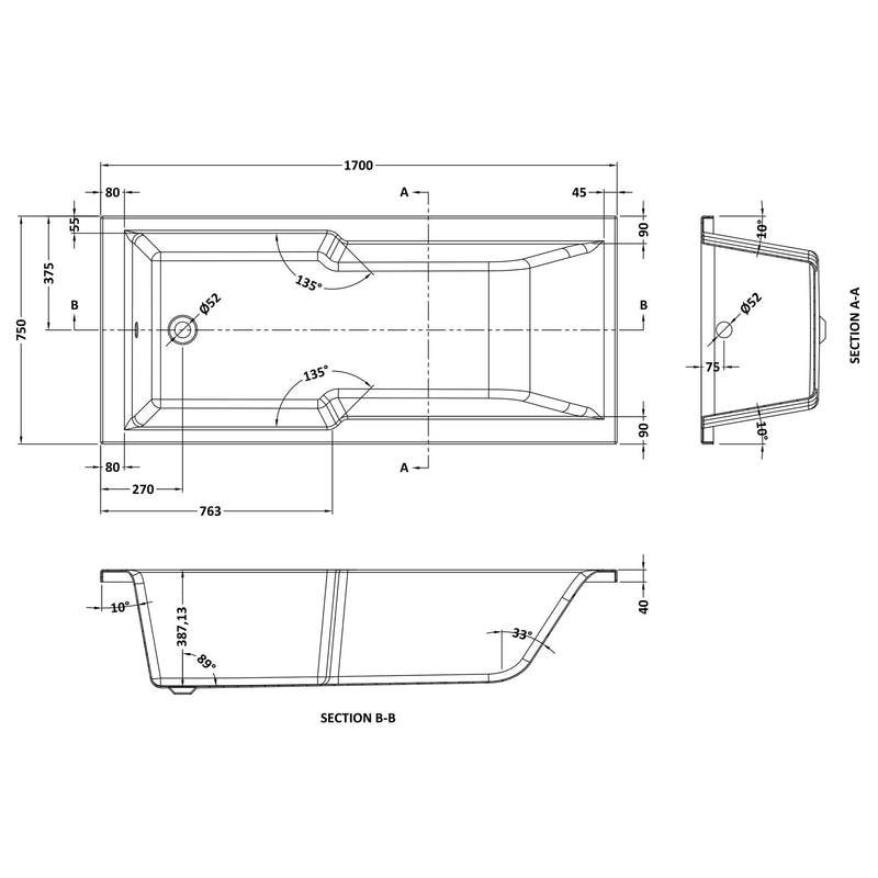 Square Straight Shower Bath - 1700 x 750mm