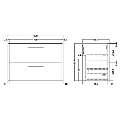 Hudson Reed Juno Wall Hung 800mm Vanity Unit With 2 Drawers & Ceramic Basin