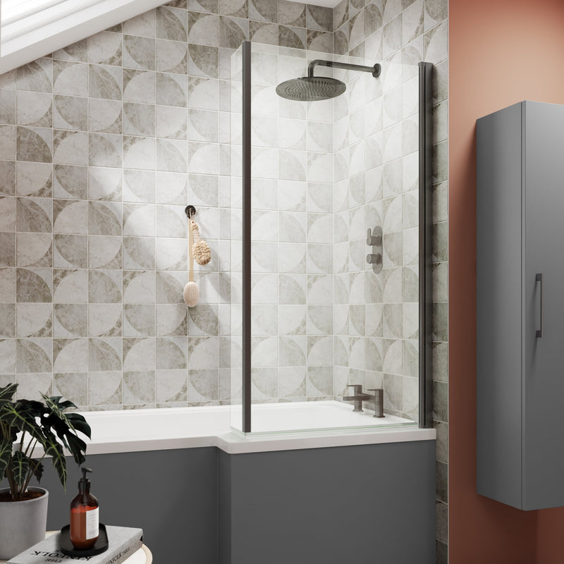 6mm L-Shape Fixed Shower Bath Screen With Fixed Return - Brushed Pewter